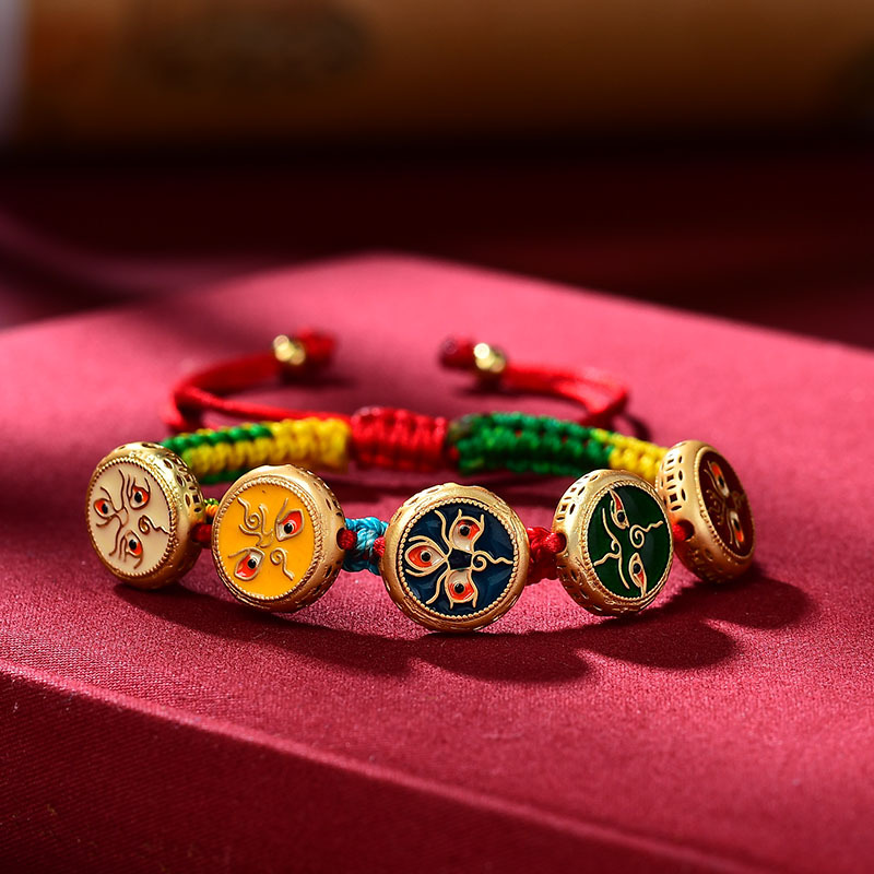 Ethnic Fashion Way - สร้อยข้อมือทิเบตเชือกทอมือแบบไล่ระดับสีห้าทางของความมั่งคั่งเชือกมือ Thangka God of wealth เครื่องประดับ