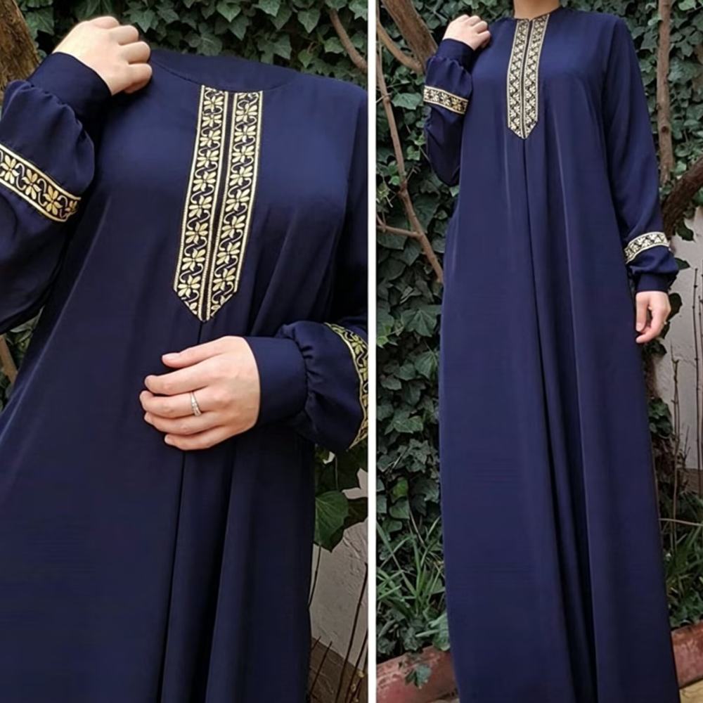 Ethnic Fashion Dress - ชุดเดรสยาวลายดอกไม้ ใส่ได้หลากหลายโอกาส ทรงหลวม แขนยาวปกติ คอกลม สไตล์หรูหรา
