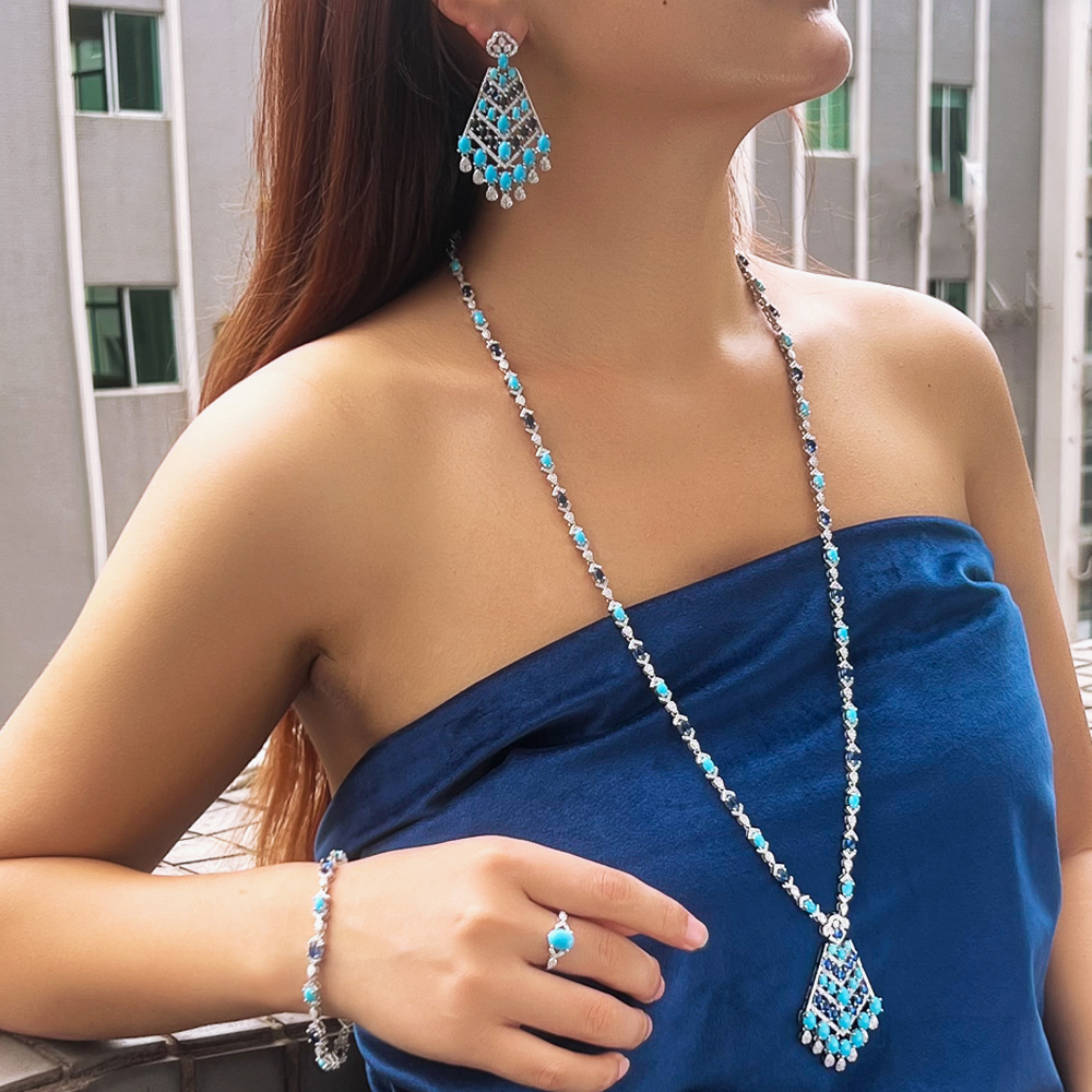 Ethnic Fashion Dubai - สร้อยคอระย้าประดับเพชร CZ สีฟ้าเทอร์ควอยซ์ ดีไซน์หรูหรา 4 ชิ้น