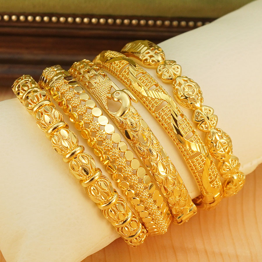 Ethnic Fashion Dubai - ชุดกำไลข้อมือลายแกะสลักนกยูงสีทอง 1 ชิ้น สำหรับผู้หญิง กำไลแบบเปิดลายฉลุสไตล์วินเทจ ของขวัญเครื่องประดับงานแต่งงานสไตล์ชาติพันธุ์ดูไบแอฟริกัน