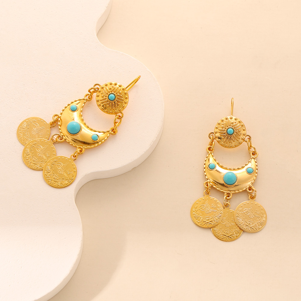 Ethnic Fashion Co In - ต่างหูประดับเหรียญทองหรูหราสไตล์อาหรับสำหรับผู้หญิง KDE, จี้โลหะรูปพระจันทร์เสี้ยว, เครื่องประดับชนเผ่าสไตล์วินเทจ # 01168-01