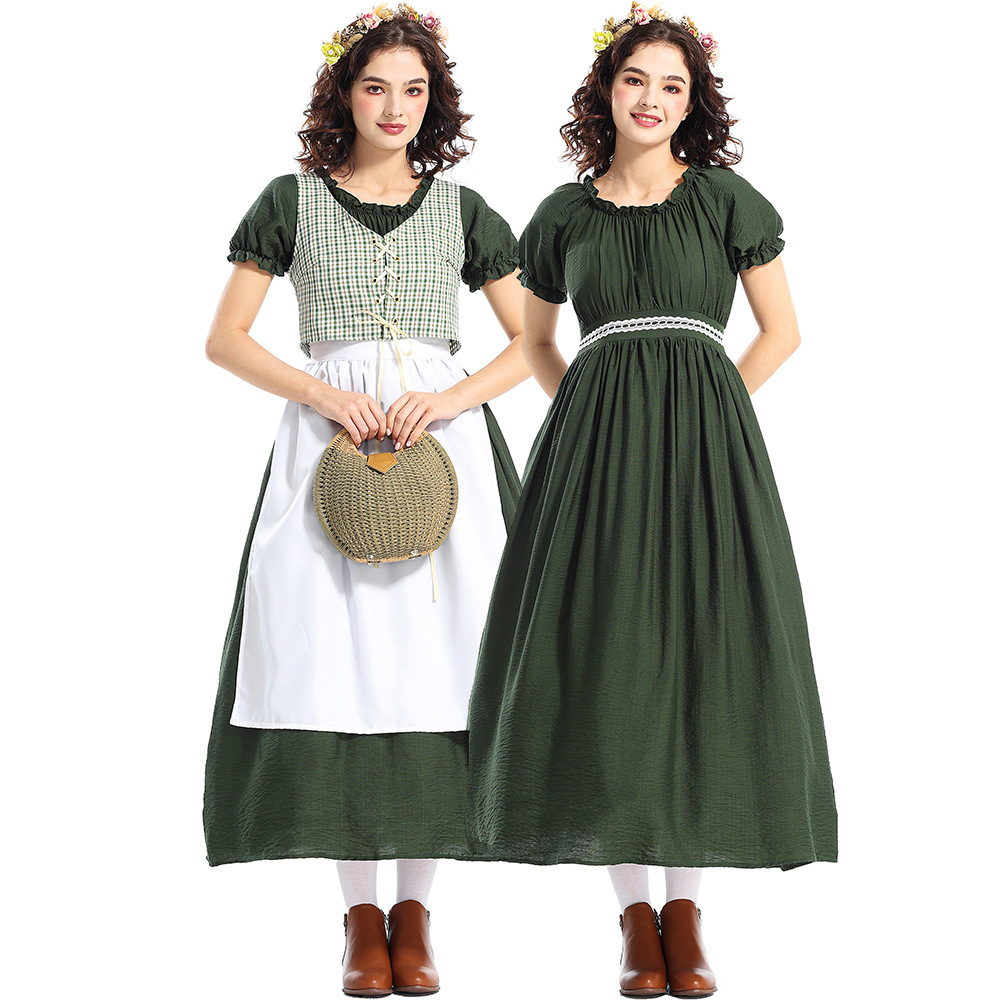 Ethnic Wear - ชุดนักบุกเบิกวันฮาโลวีน ชุดเดรสลายสก็อตสีเขียว ชุดชนเผ่าพื้นเมือง ยุคกลาง วิคตอเรียน ชุดชาติพันธุ์หญิงสาว
