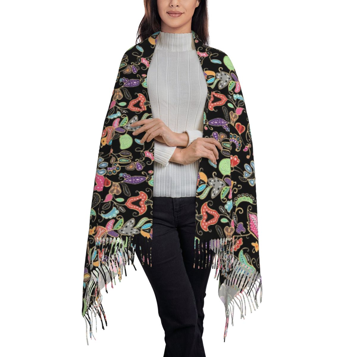 Batik Sarong Wrap - ผ้าคลุมไหล่บาติกสีม่วง ผ้าพันคอประดับพู่ ผ้าคลุมไหล่และผ้าพันตัวสำหรับผู้หญิง นุ่ม อบอุ่น ยาว