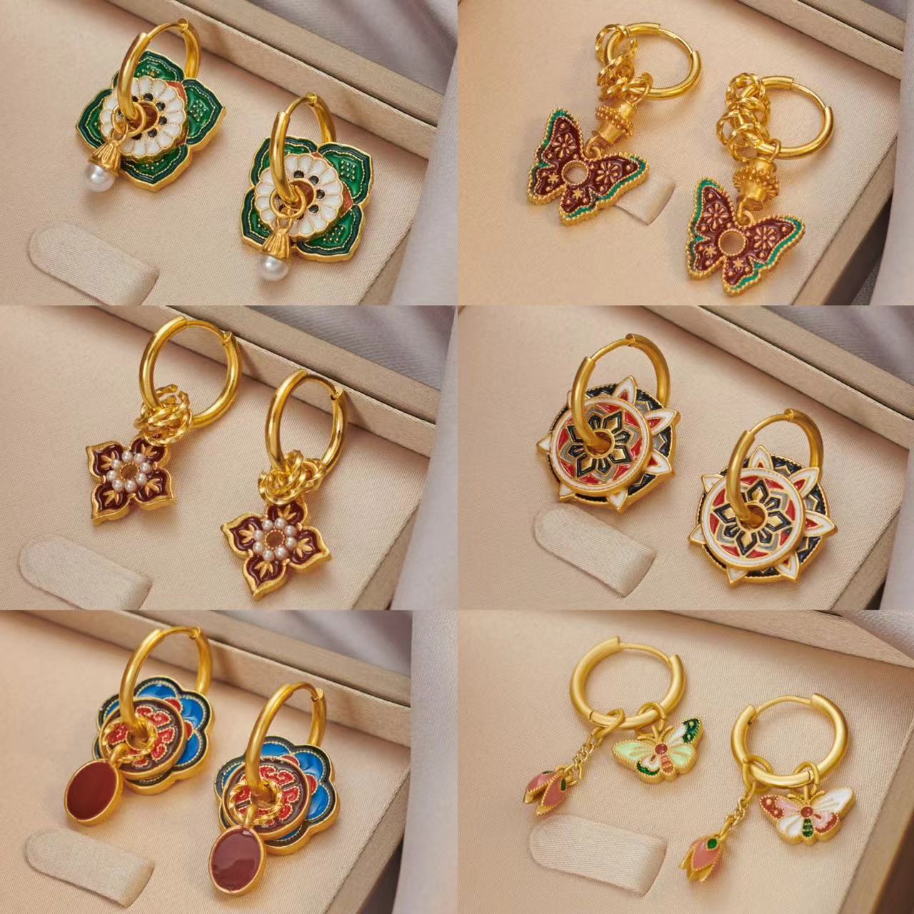 Ethnic Fashion Way - ต่างหูเคลือบสีสันสดใสสไตล์จีนวินเทจสำหรับผู้หญิงดีไซน์พื้นเมืองชุบทองหลายรูปแบบเครื่องประดับหรูหรารูปทรงดอกไม้ของขวัญ