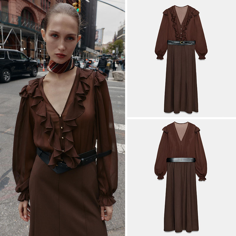 เดรสยาวแขนยาวคอวีทรงสวยหรู  แฟ - Ethnic Fashion Dress บทวิจารณ์และราคา